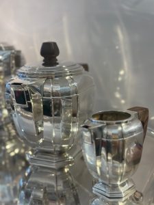 Service thé café, Art déco, en argent massif et ébène de Macassar