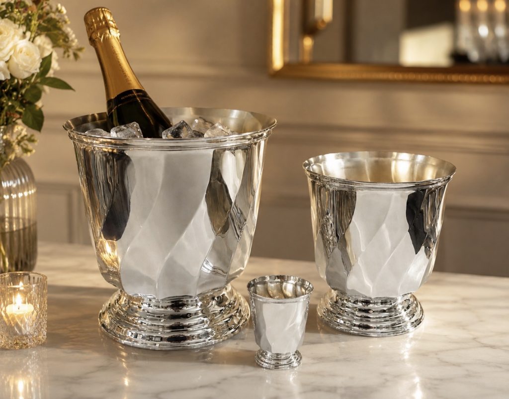 Seau à champagne, Seau à glaçons, timbale, collection Vertigo, Christofle.