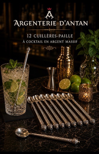 12 cuillères-paille, à cocktail en argent massif